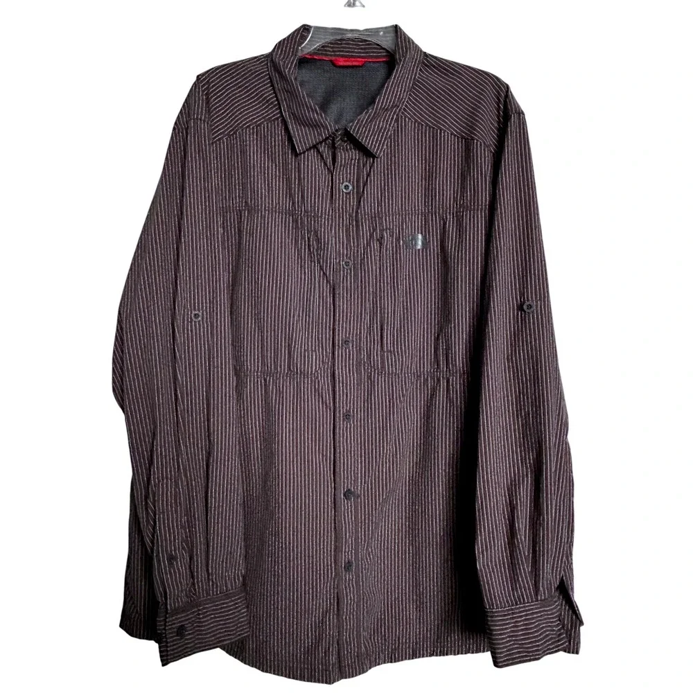 The North Face Men's Shirt Red Black White Stripes Roll Tab Zip Pockets Outdoor‎